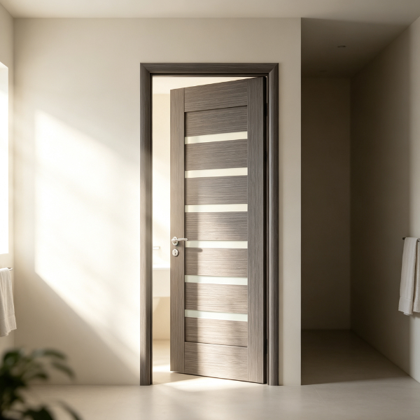 MDFBathroomDoorDesignBalancingLightTransmissionAndPrivacy Grey MDF bathroom door with frosted translucent strips in modern home hallway.
