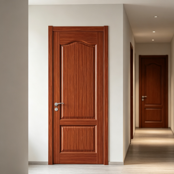 Red brown interior wooden door with silver handle installed in a modern apartment corridor, with matching doors visible in the background.