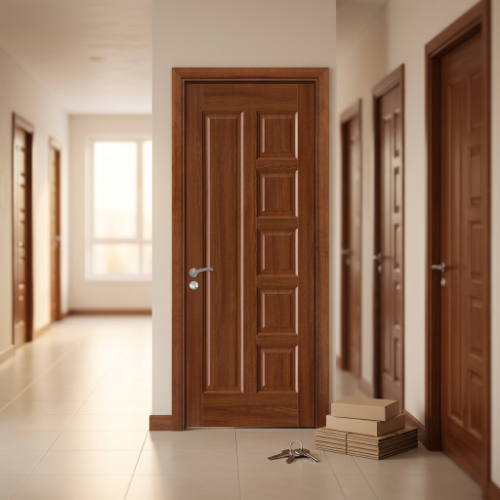 Wooden custom made composite door installed in a residential apartment hallway during property handover