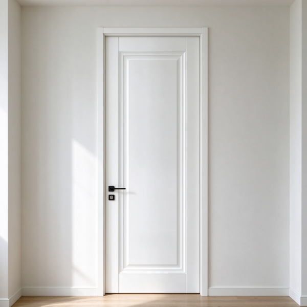 Clean white custom made composite door fitted in a modern home doorway with light walls, wooden flooring, and a simple black door handle.